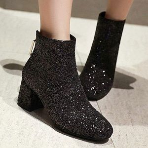 Black glitter ankle bootie